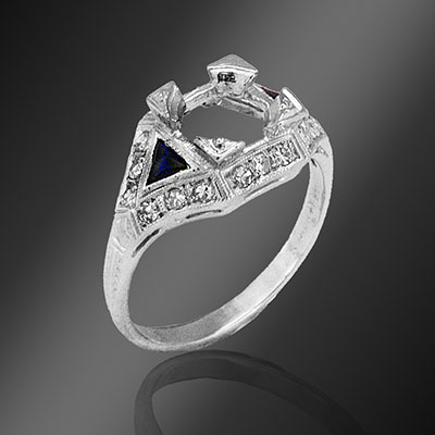 035-4 Antique reproduction fancy French cut trillion sapphire with diamond platinum semi mount