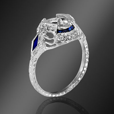 Antique reproduction French cut sapphire, fancy kite-shaped sapphire and round diamond platinum semi mount 038-4