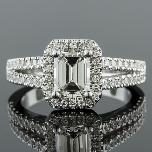 1392-1 Art Deco-inspired split shank groove-set diamond cut-cornered halo platinum engagement ring semi mount