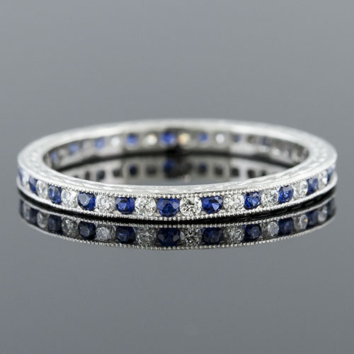 535-442 Antique reproduction alternating sapphire and diamond platinum wedding band with engraving