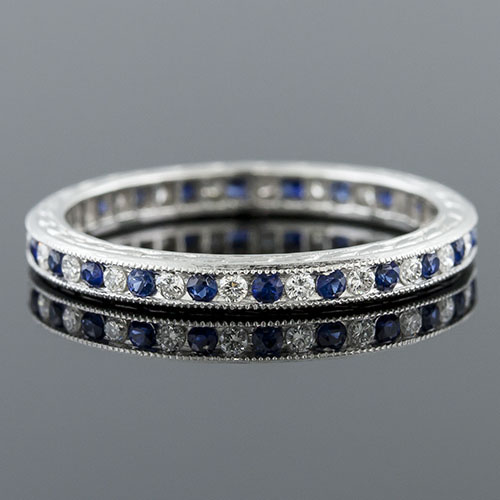 540-442 Antique reproduction alternating sapphire and diamond platinum wedding band with engraving