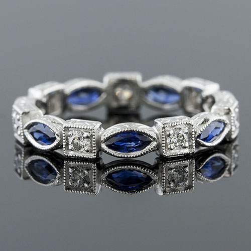 704-420 Antique reproduction fancy marquise sapphire with diamond platinum wedding band with engraving